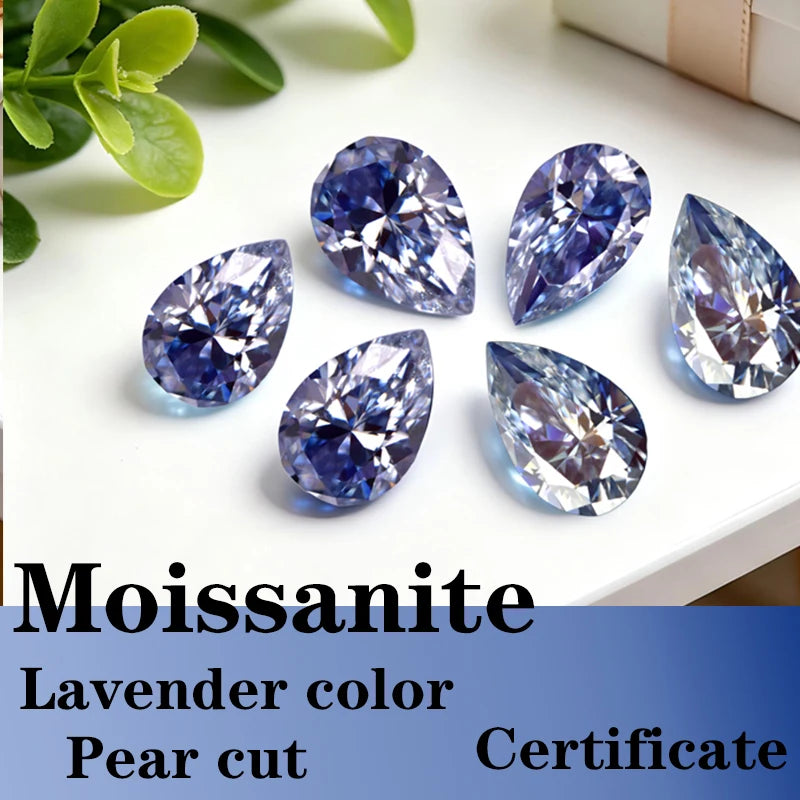 Pear Cut Lavender Color Moissanite Synthetic Gemstone with Certificate Hand Cutting