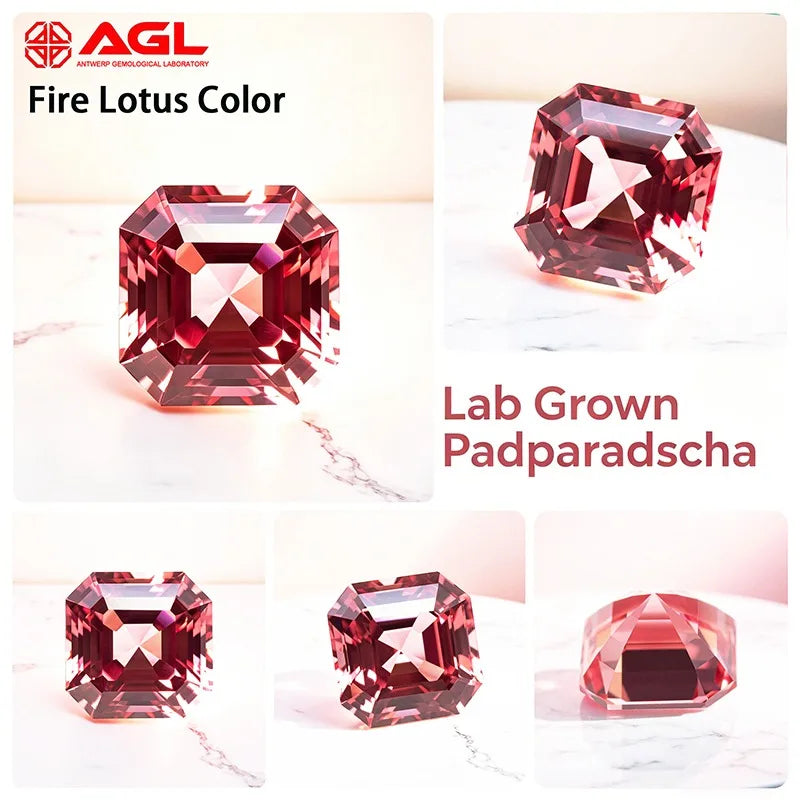 Lab Grown Padparadscha Gemstone Asscher Cut Fire Lotus Color DIY Ring Necklace Earrings Main Materials AGL Certificate