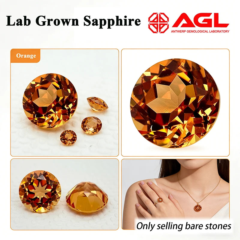 Lab Grown Sapphire Round Cut Orange Color DIY Jewelry Making Ring Necklace Main Materials Selectable AGL Certificate