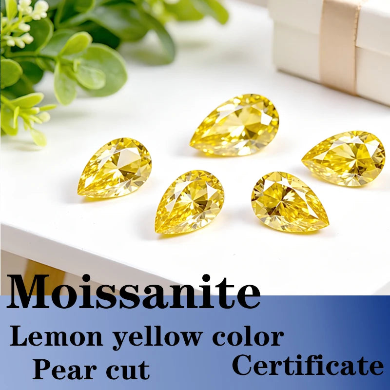 Pear Cut Lemon Yellow Color Moissanite Synthetic Gemstone with Certificate DIY Jewelry Making