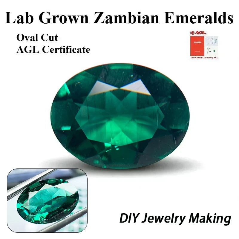 Lab Grown Zambian Emeralds Oval Cut Hydrothermal Hand Cutting with Cracks Inclusions Inside Selectable AGL Certificate
