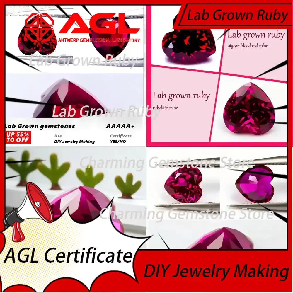 Lab Grown Ruby Pigeon Blood Red L Heart Cut VVS1 for Charms DIY Jewelry Making AGL Certificate Lab Grown Sapphire Blue Pink