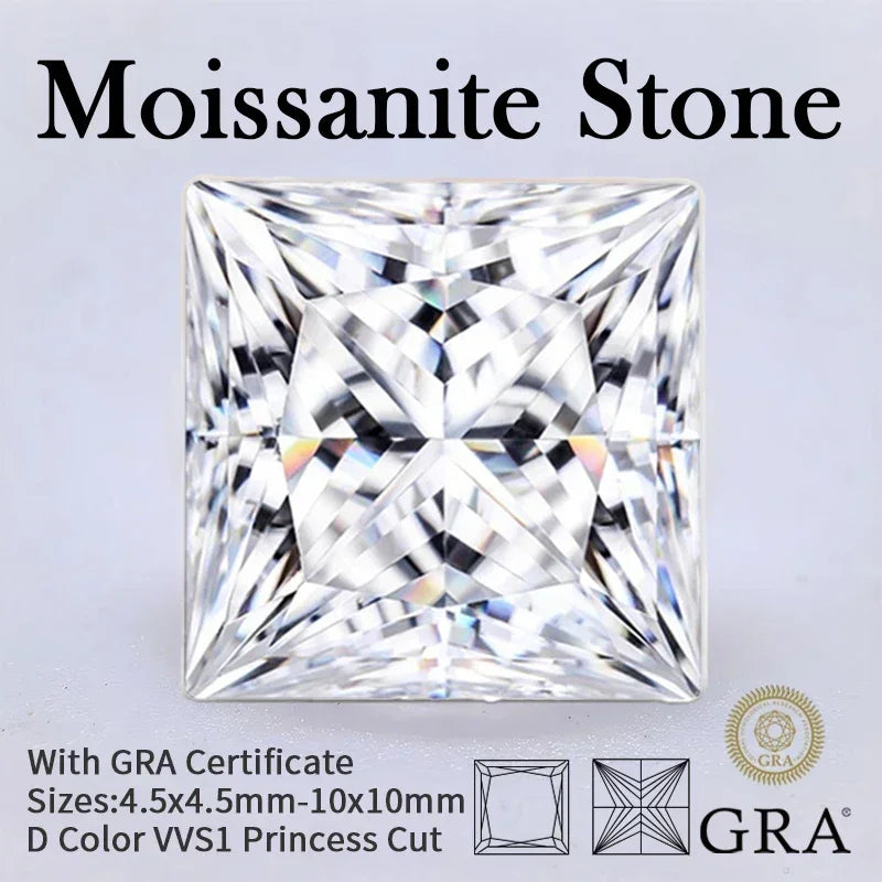 Moissanite Loose Stone D Color Princess Cut VVS1 Pass Diamodn Tester Gemstone Beads for DIY Jewelry Making with GRA Certificate