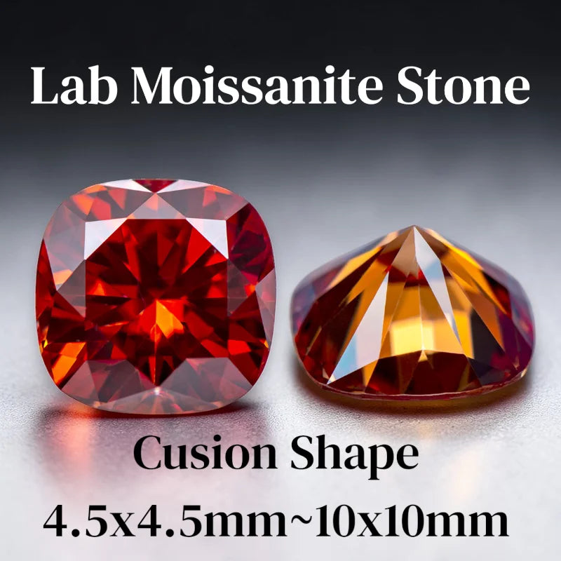 VVS1 Clarity Garnet Red Color Moissanite Stone Cushion Cut for Jewelry Setting, GRA Certificate Available