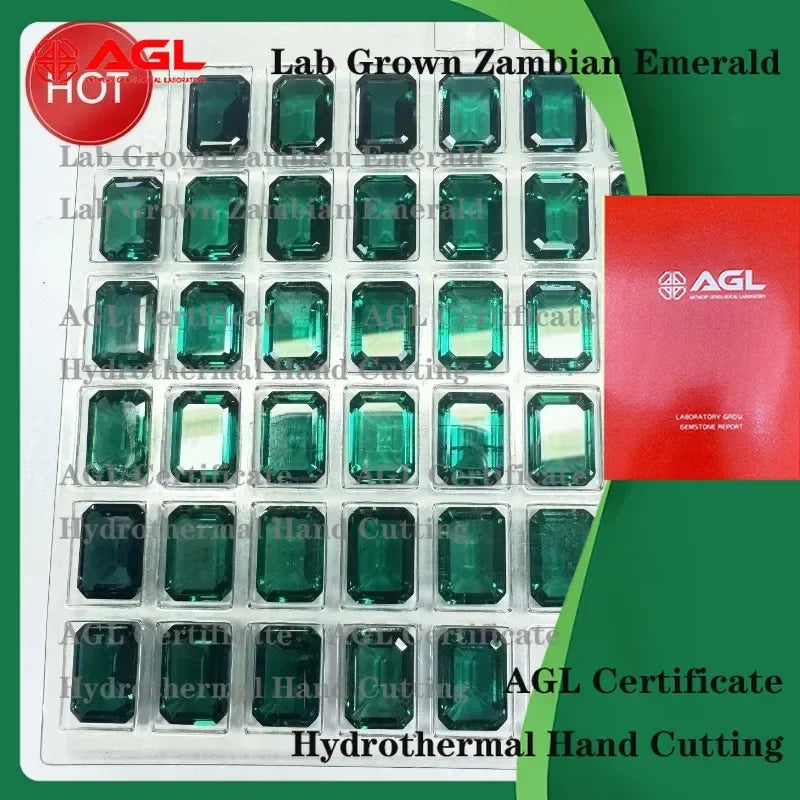 Lab Grown Zambian Emeralds for Hydrothermal Emerald Cut Gemstones Hand Cut with Natural Inclusions Cracks AGL Certified Lab