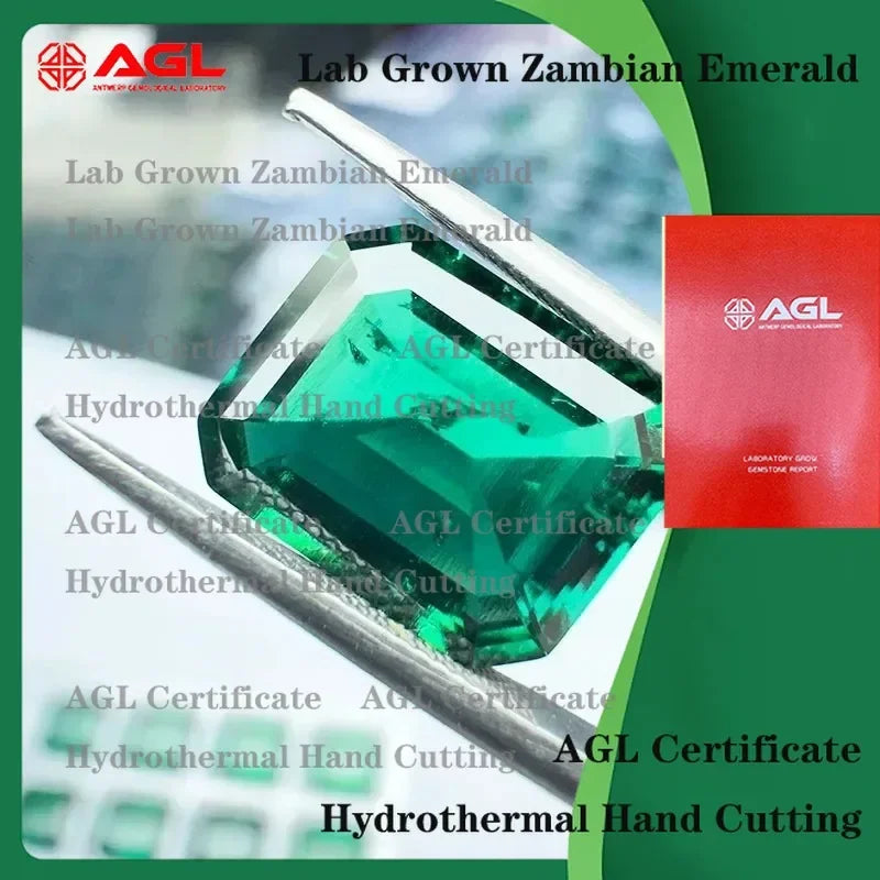 Lab Grown Zambian Emeralds for Hydrothermal Emerald Cut Gemstones Hand Cut with Natural Inclusions Cracks AGL Certified Lab