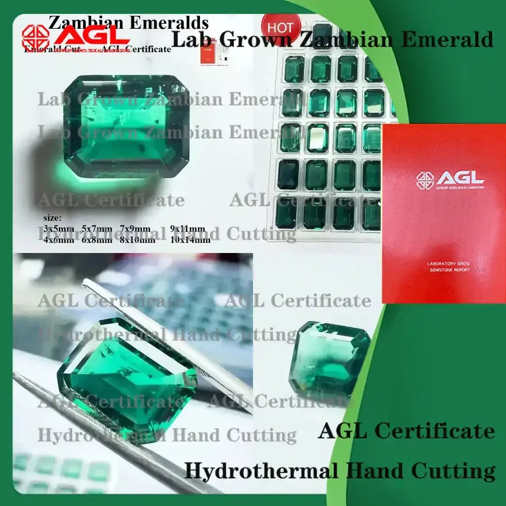 Lab Grown Zambian Emeralds for Hydrothermal Emerald Cut Gemstones Hand Cut with Natural Inclusions Cracks AGL Certified Lab