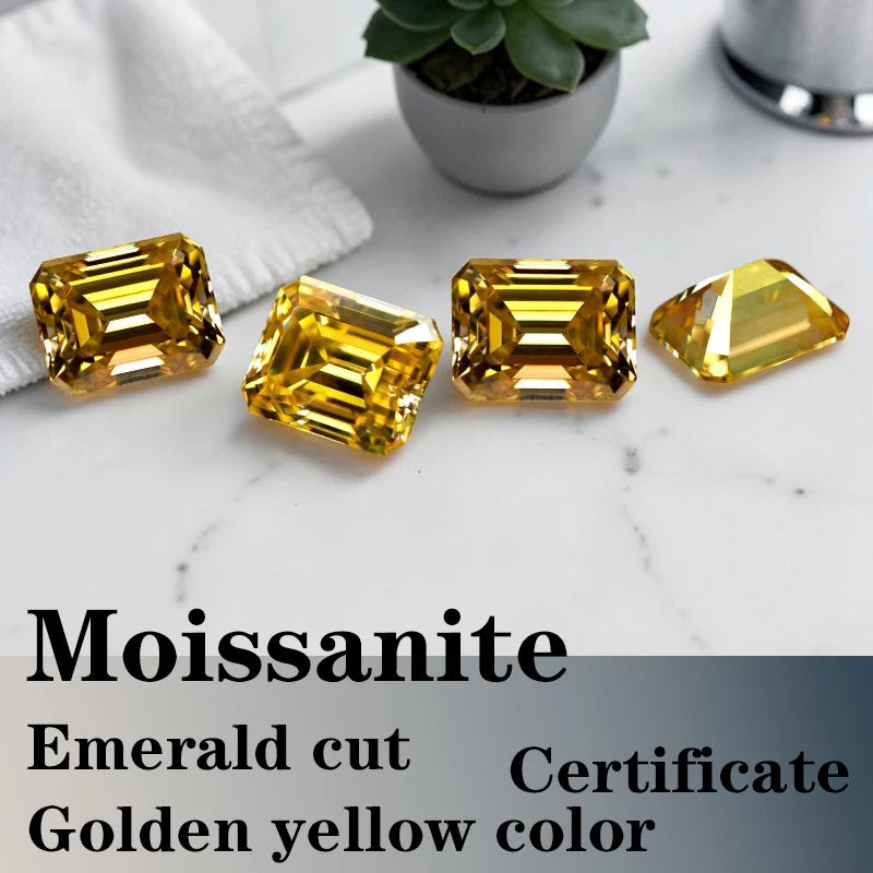 Emerald Cut Moissanite Gemstone VVS1 Golden yellow Color Certificate Stone Artificial DIY Jewelry