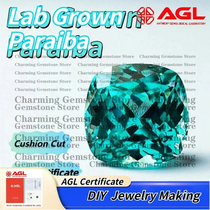 Lab Grown Paraiba Gemstone for DIY Jewelry Making Cushion Rectangle Cut Inlay Ring Necklace AGL Certified Lab Created Paraiba