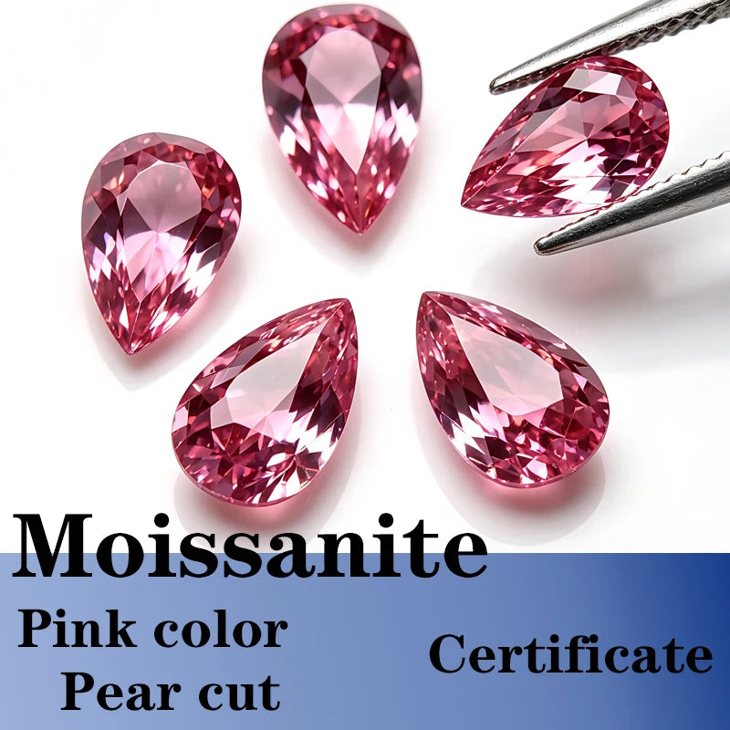 Pear Cut Pink Color Moissanite Synthetic Gemstone with Certificate Multiple Colors Available