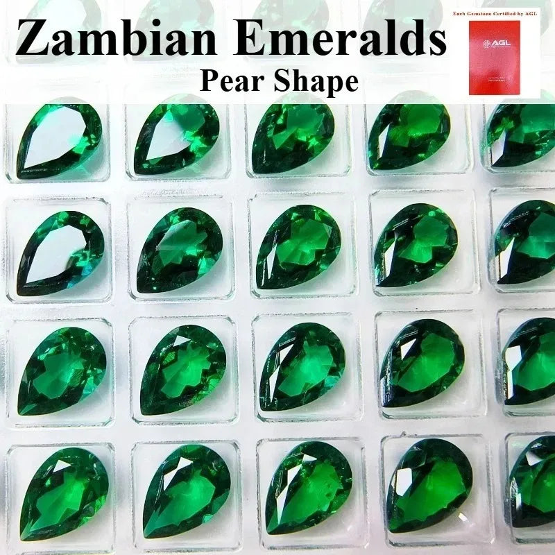 Lab Grown Zambian Emeralds Pear Shape Smooth Surface with Cracks Inclusions Inside Selectable AGL Certificate