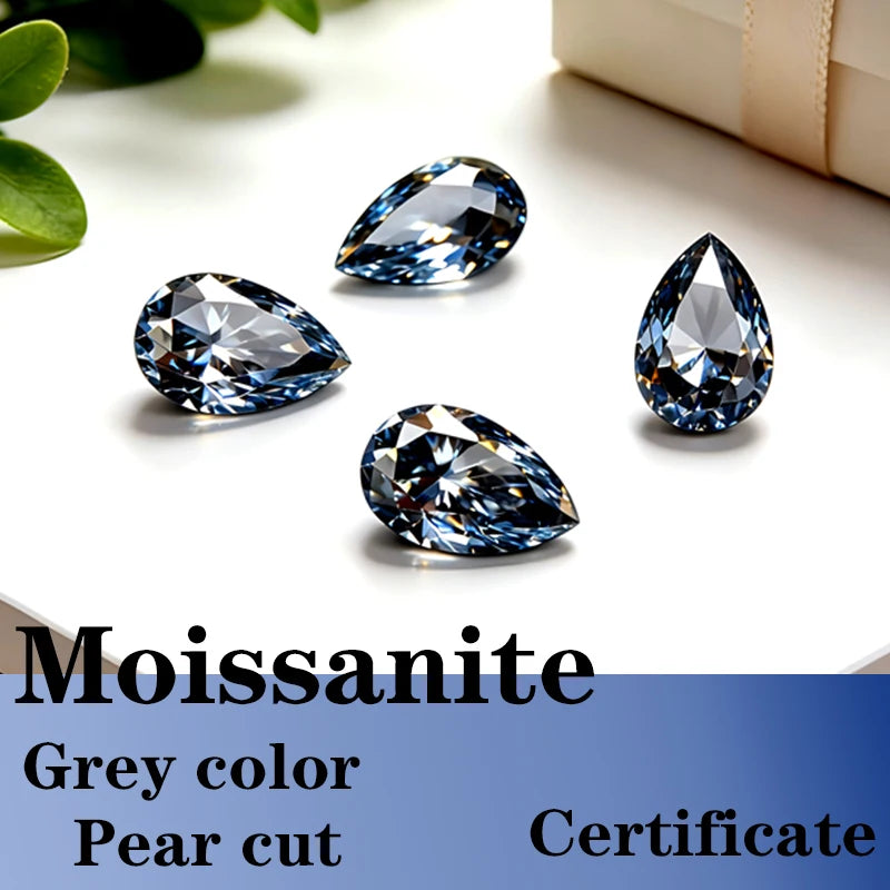 Pear Cut Grey Color Moissanite Synthetic Gemstone with Certificate Charms Gemstone