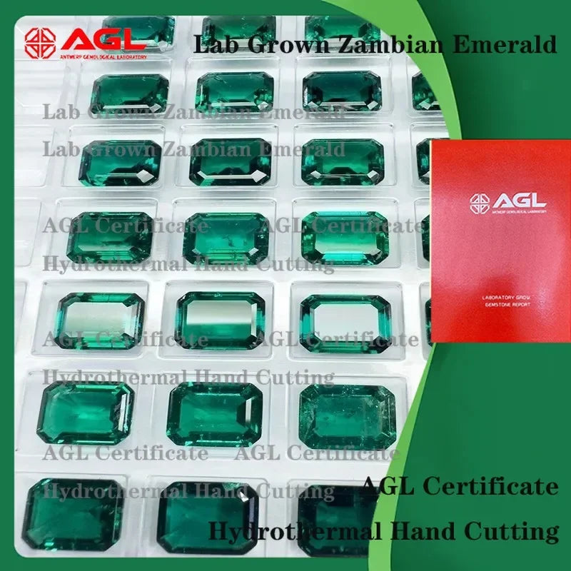 Lab Grown Zambian Emeralds for Hydrothermal Emerald Cut Gemstones Hand Cut with Natural Inclusions Cracks AGL Certified Lab