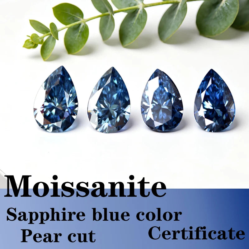 Pear Cut Sapphire Blue Color Moissanite Synthetic Gemstone with Certificate High Quality