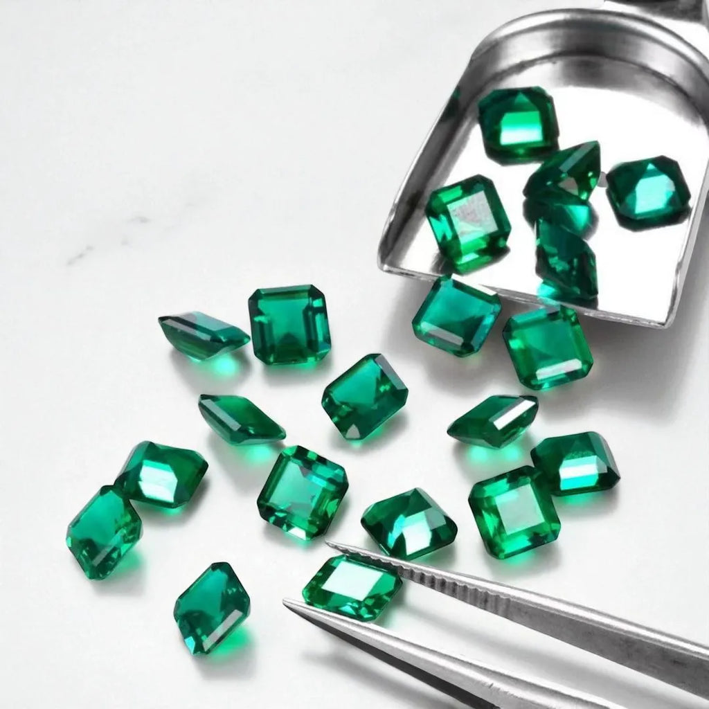 Lab Grown Zambian Emeralds Asscher Cut Hydrothermal Hand Cutting with Cracks Inclusions Inside Selectable AGL Certificate