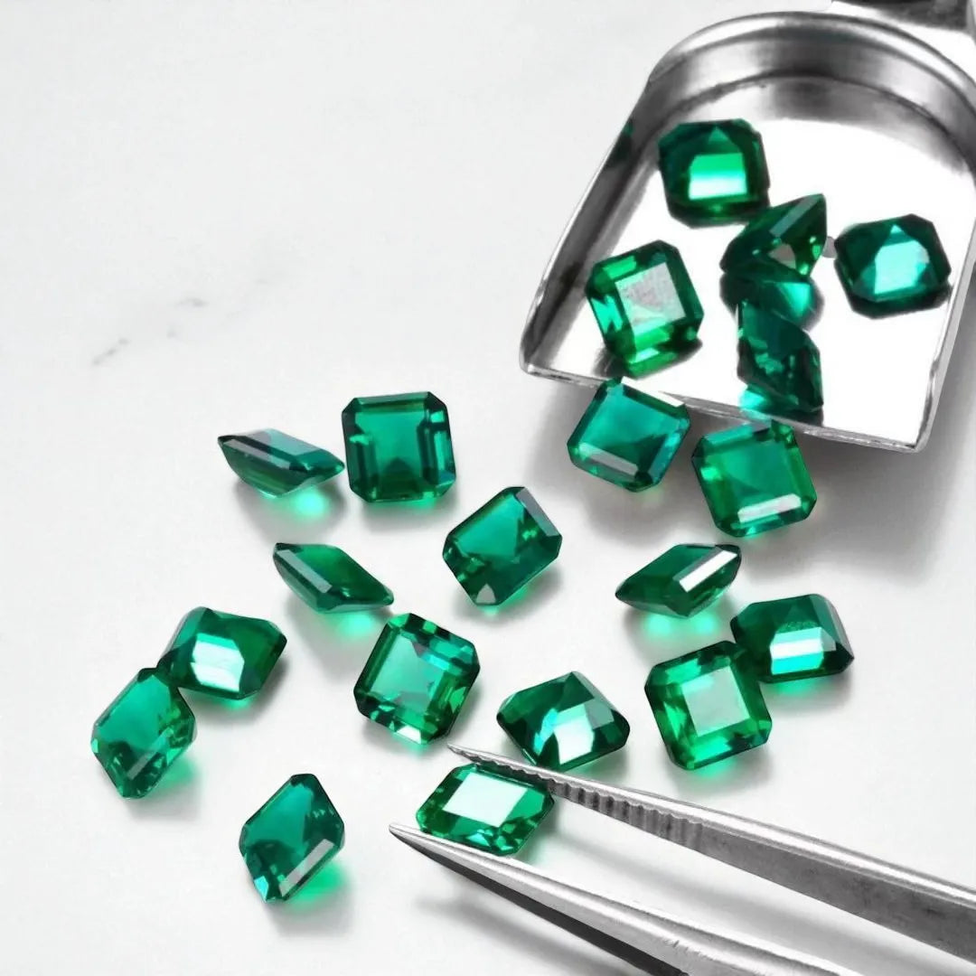 Lab Grown Zambian Emeralds Asscher Cut Hydrothermal Hand Cutting with Cracks Inclusions Inside Selectable AGL Certificate