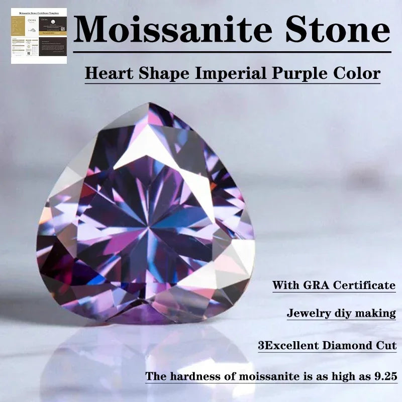 Moissanite Stone Imperial Purple Color Heart Shape VVS1 with GRA Certificate Pass Diamond Tester Charms for jewel making
