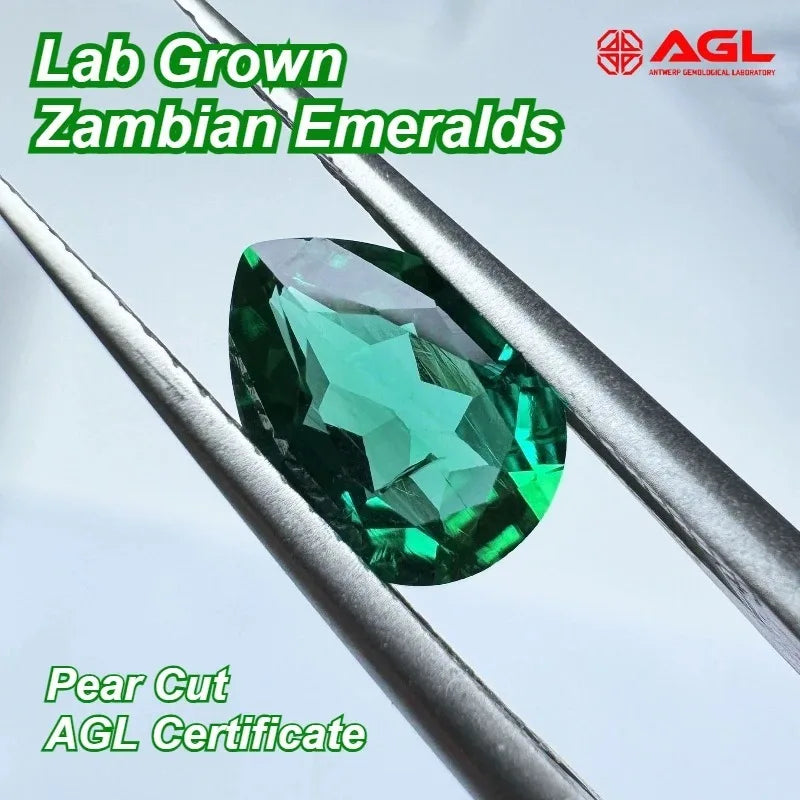 Lab Grown Zambian Emerald Pear Shape Hydrothermal Hand Cutting Cut with Cracks Inclusions Inside Selectable AGL Certificate