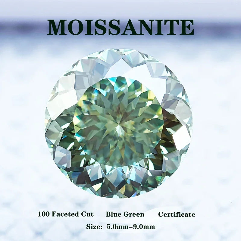 Moissanite Stone 100 Faceted Cut Blue Green Natural Color Multiple Sizes for DIY Charms Jewelry Making with Certificate