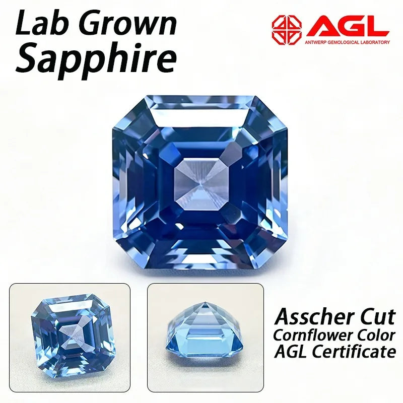 Lab Grown Sapphire Asscher Cut Cornflower Color Gemstone DIY Ring Necklace Earrings Main Materials Selectable AGL Certificate