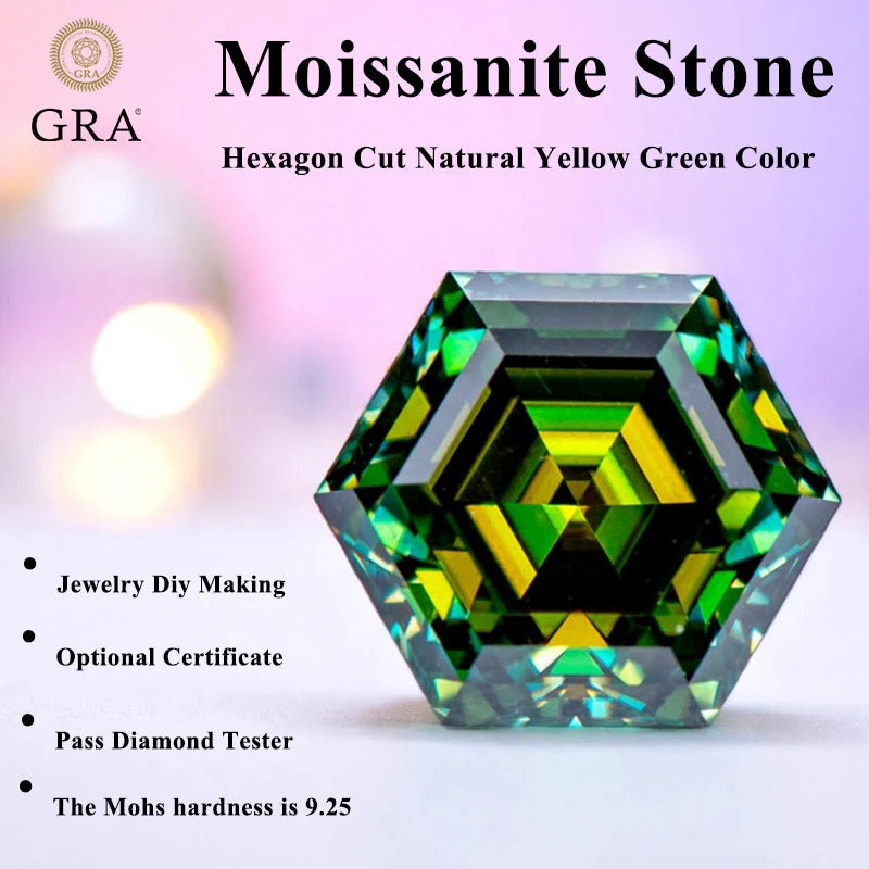Moissanite Stone Hexagon Cut Natural Yellow Green Color DIY  Advanced Charms Jewelry Rings Earrings Making with Certificate
