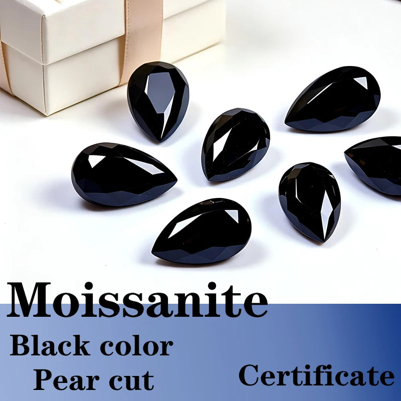 Pear Cut Black Color Moissanite Synthetic Gemstone with Certificate Extremely Shiny Quality