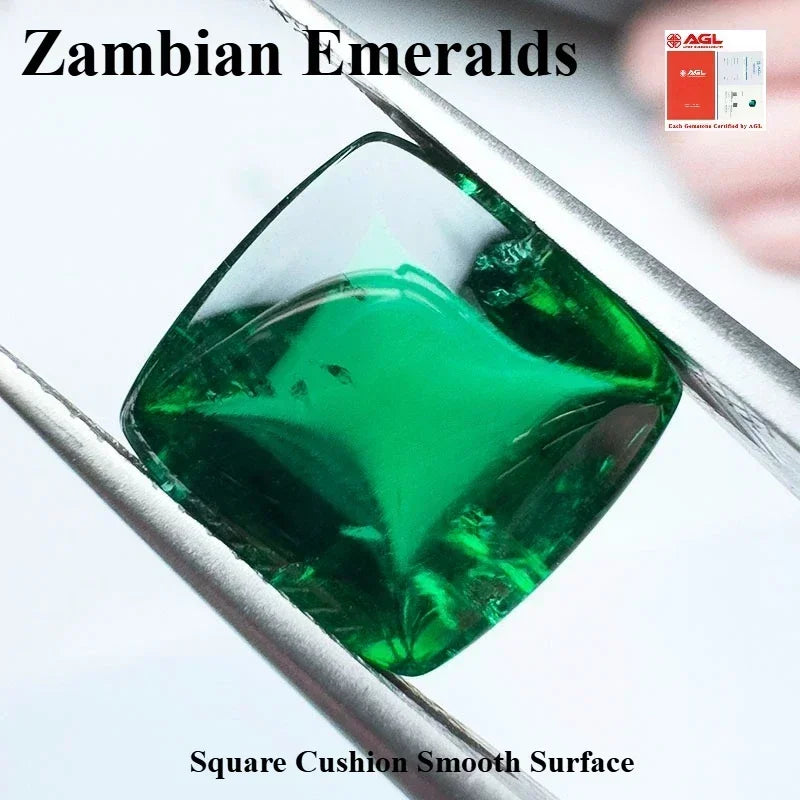 Lab Grown Zambia Emeralds Square Cushion Smooth Surface with Cracks Inclusions Inside Selectable AGL Certificate