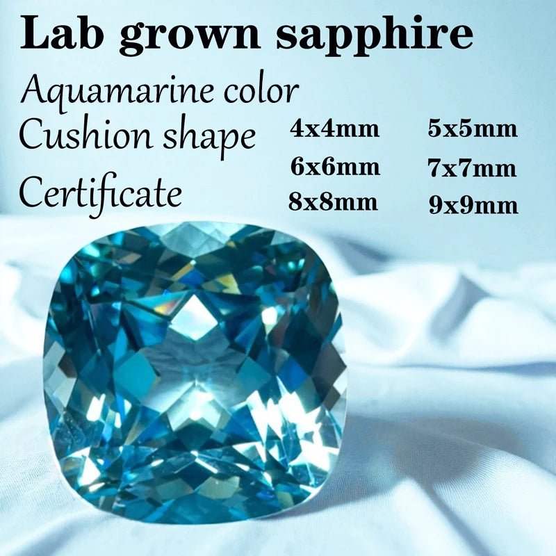 Sapphire Aquamarine Color Cushion Shape Lab Grown Gemstone VVS1 for DIY Advanced Jewelry Rings Earrings Making with Certificate