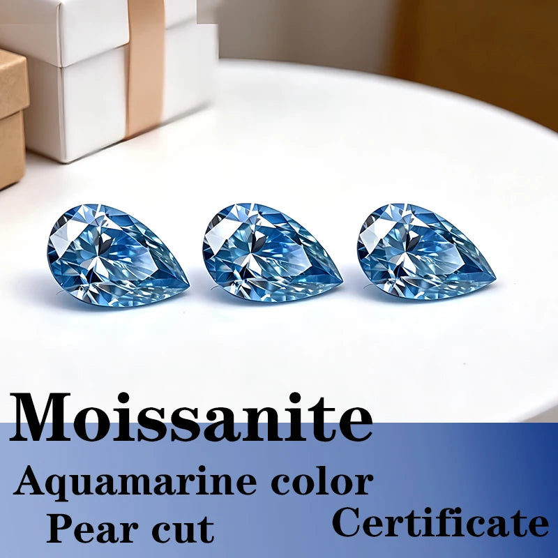 Pear Cut Aquamarine Color Moissanite Synthetic Gemstone with Certificate Charms for Jewelry Making