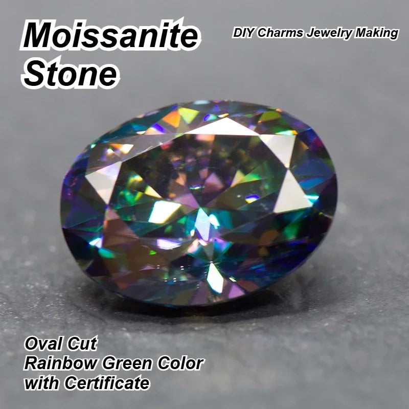 Moissanite Stone Oval Cut Rainbow Green Color VVS1 High-quality DIY Charms Jewelry Making Main Materials with Certificate