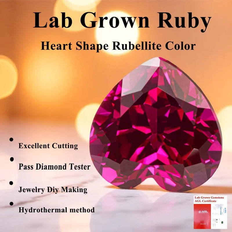 Rubellite Color Heart Shape Lab Grown Ruby VVS1 Stone for Charms Diy Jewelry Making Necklace Material Selectable AGL Certificate