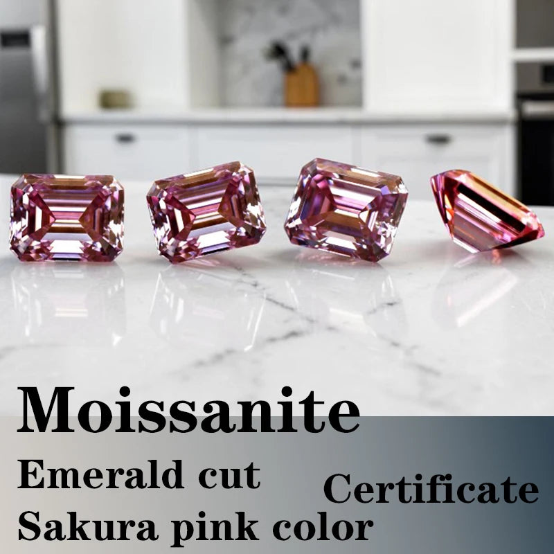 Emerald Cut Moissanite Stone VVS1 Sakura Pink Color Certificate Artificial Gemstone DIY Jewelry