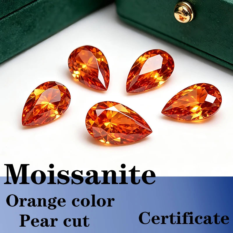 Pear Cut Orange Color Moissanite Synthetic Gemstone with Certificate of Jewelry Making