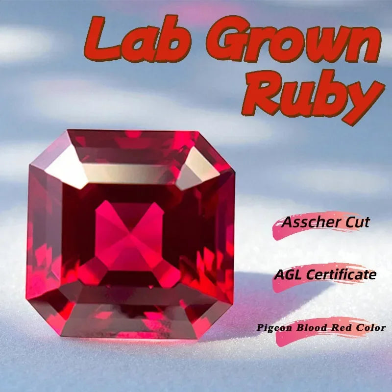 A-Hot Sales Lab Grown Ruby Asscher Cut Pigeon Blood Red Color Charms Jewelry Making Main Materials Selectable AGL Certificate