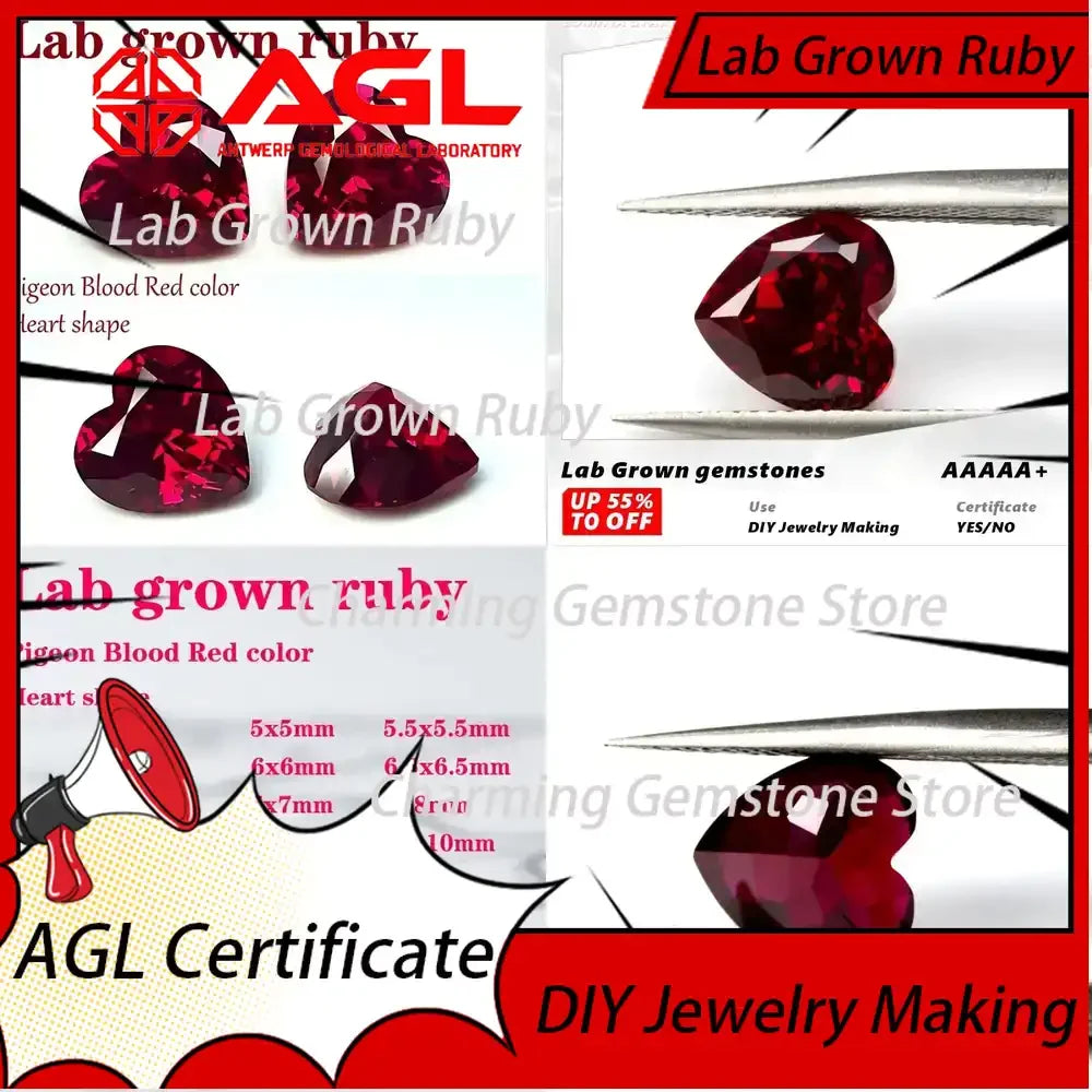 Lab Grown Ruby Heart Cut VVS1 Pigeon Blood Red for DIY Ring Necklace Earrings Lab Created Sapphire Alternative Gemstone Lab
