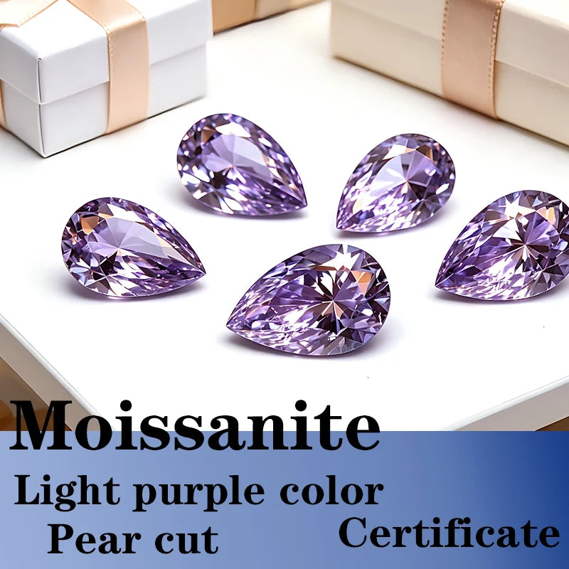 Pear Cut Light Purple Color Moissanite Synthetic Gemstone with Certificate Used for Manufacturing Jewelry