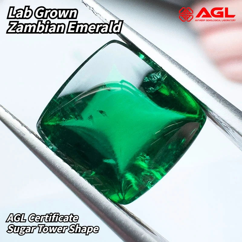Lab Grown Zambian Emerald Sugar Tower Shape Hydrothermal Hand Cutting with Cracks Inclusions Inside Selectable AGL Certificate