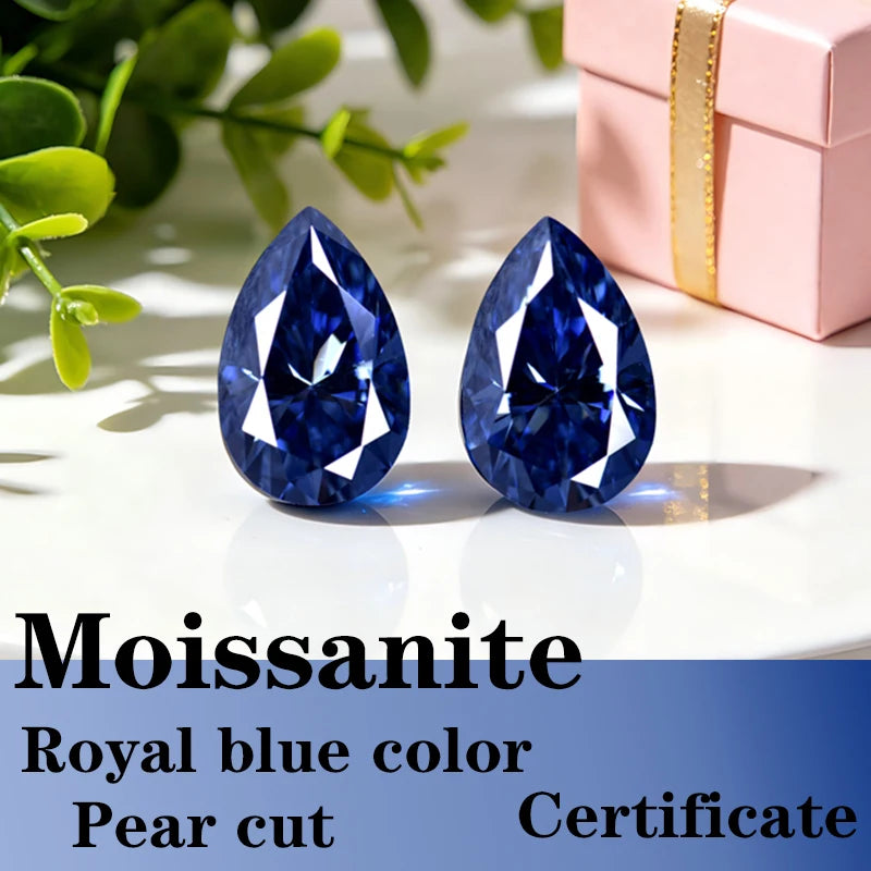 Pear Cut Royal Blue Color Moissanite Synthetic Gemstone with Certificate Jewelry Beads
