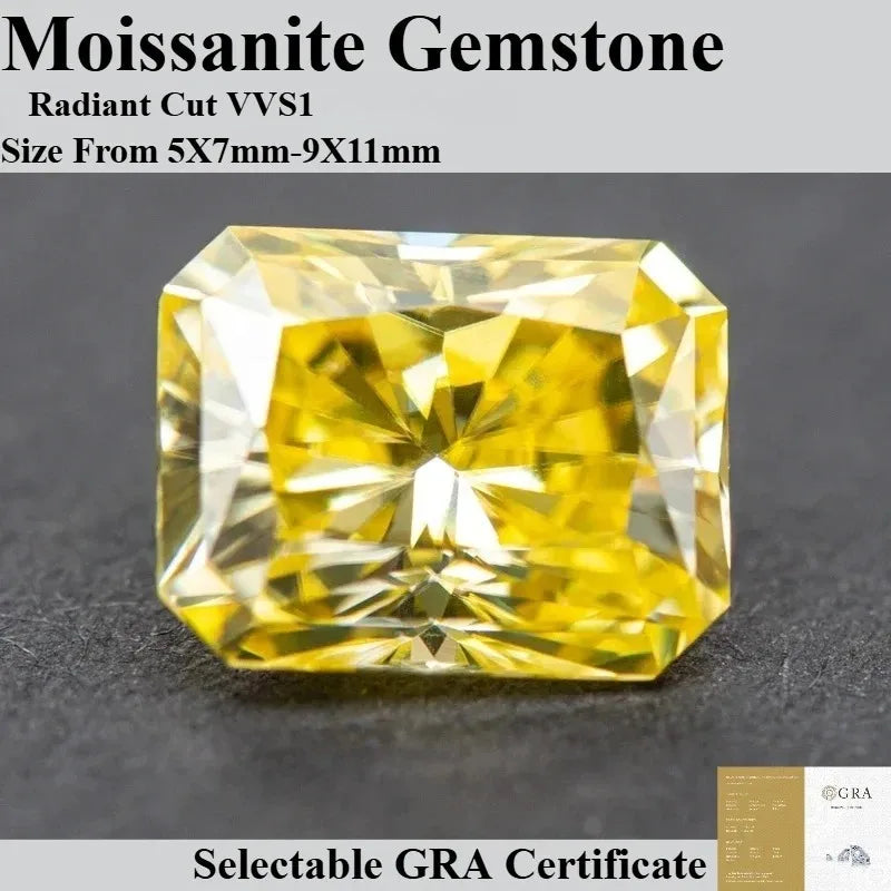 Moissanite Gemstone Radiant Cut Lemon Yellow Color Lab Grown Diamond for Diy Charms Jewelry Making Material with Certificate