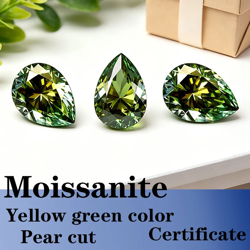 Pear Cut Yellow Green Color Moissanite Synthetic Gemstone with Certificate Unnatural