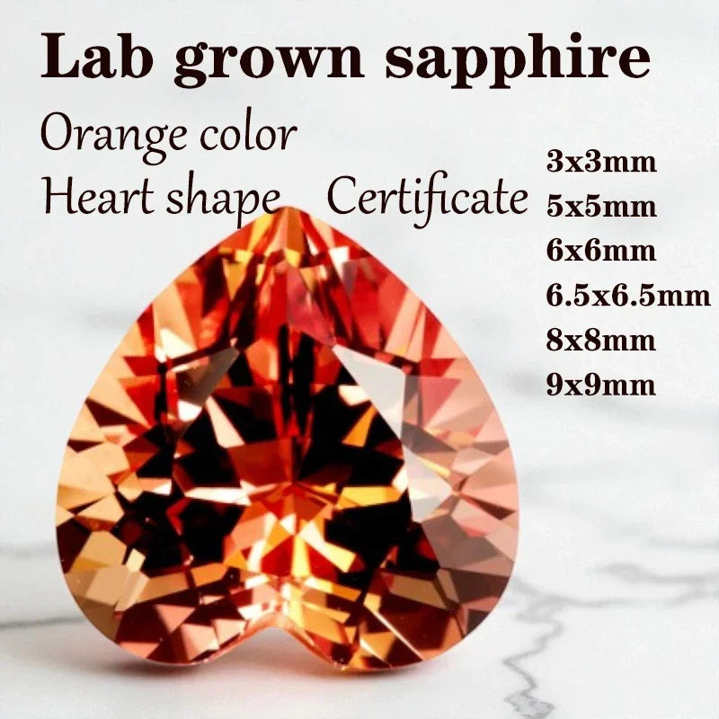 Sapphire Heart Cut VVS1 Orange Color Lab Grown Gemstone for DIY Jewelry Making Materials Charms Gem Wholesale with Certificate