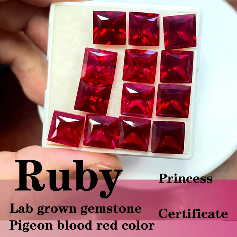 Ruby Artificial Gemstone Pigeon Blood Red Color Princess Shape DIY Jewelry with Certificate