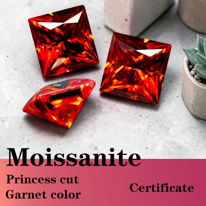 Moissanite Artificial stone Princess cut square shape garnet color DIY jewelry certificate