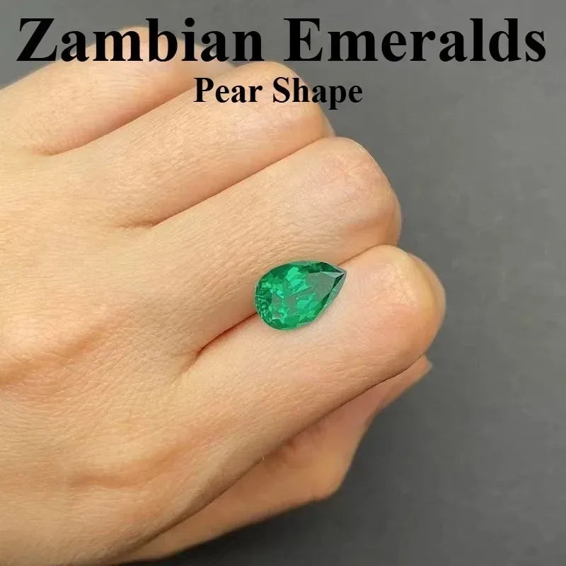 Lab Grown Zambian Emeralds Pear Shape Hydrothermal Cut Making with Cracks Inclusions Inside Selectable AGL Certificate