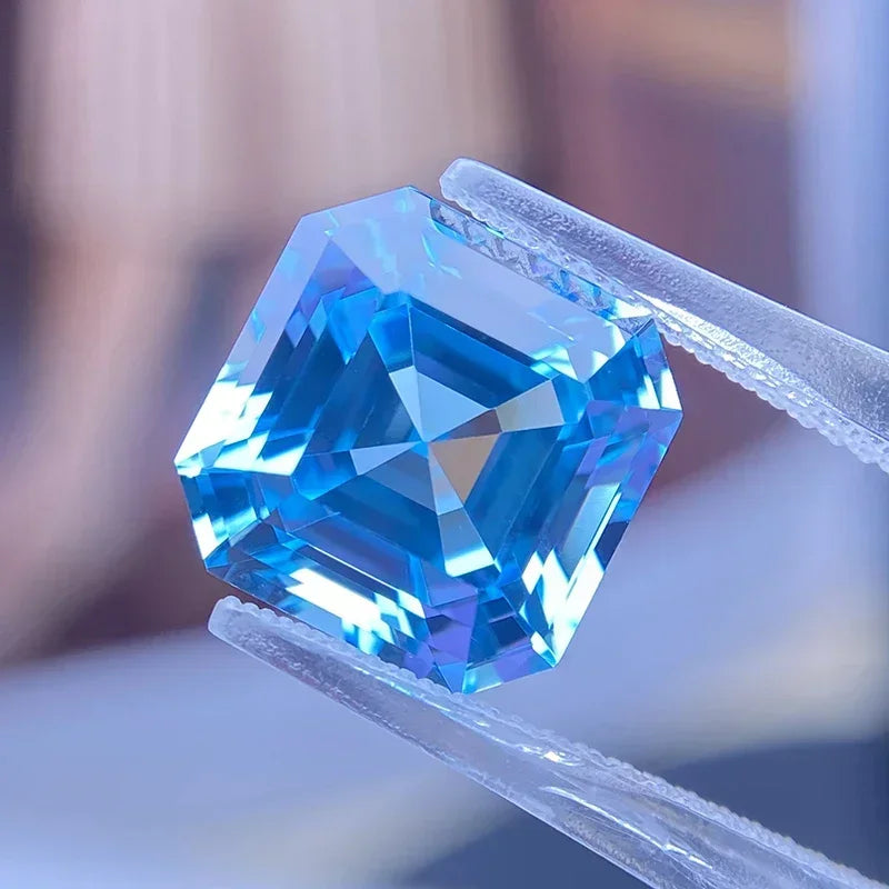 Lab Grown Sapphire Asscher Shape  Aquamarine Color VVS1 Charms for Jewelry Making DIY Ring Necklace Earrings Main Materials