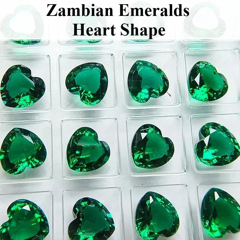Lab Grown Zambia Emeralds Heart Shape Hydrothermal Hand Cut with Cracks Inclusions Inside Selectable AGL Certificate