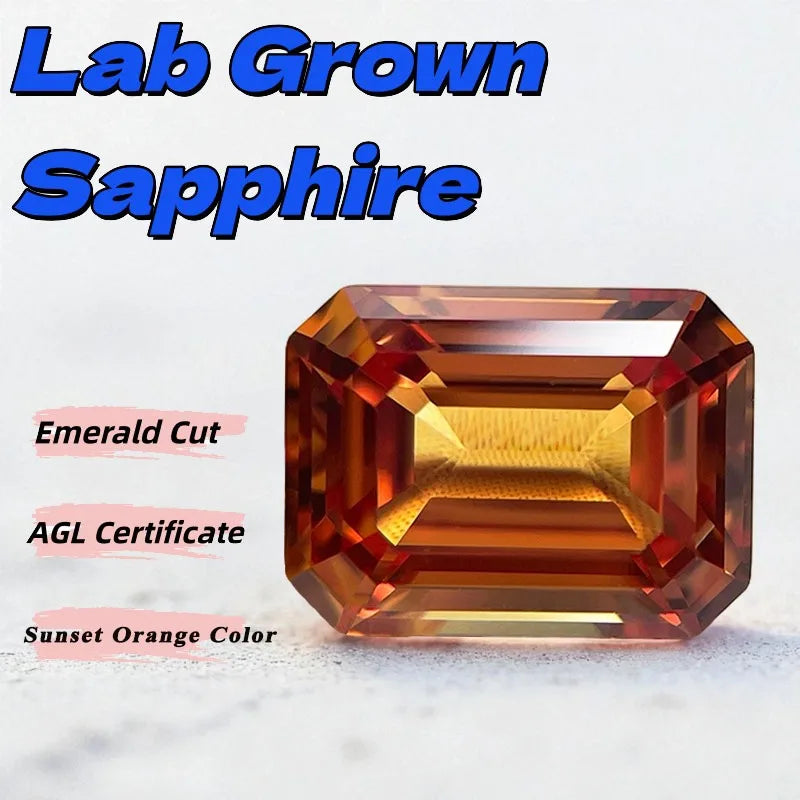 Lab Grown Sapphire Emerald Cut Sunset Orange Color Loose Gemstone for Jewelry Making DIY Rings Earrings Charms AGL Certificate