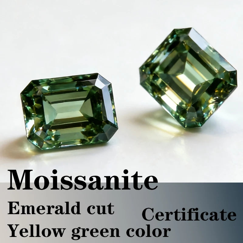 Emerald Cut Moissanite Stone VVS1 Yellow Green Color Certificate Artificial Gemstone DIY Jewelry