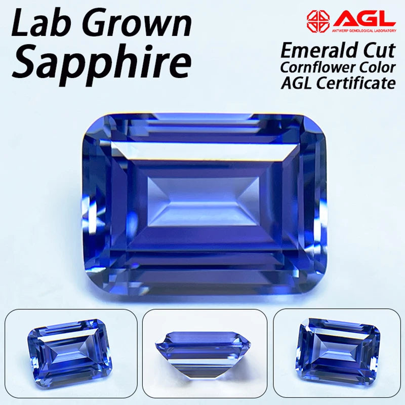 Lab Grown Sapphire Emerald Cut Cornflower Color Gemstone DIY Ring Necklace Earrings Main Materials Selectable AGL Certificate