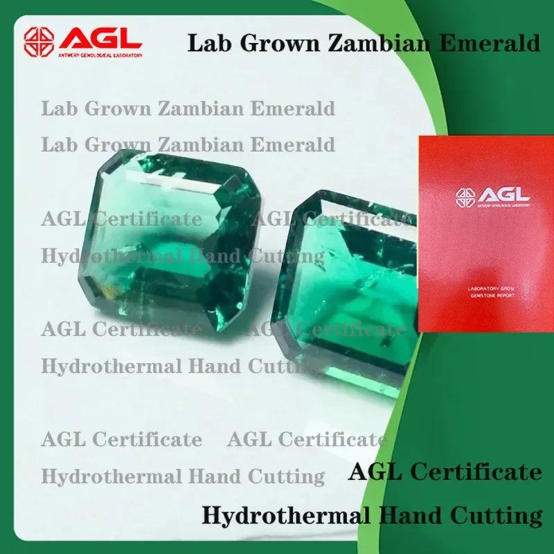 Lab Grown Zambian Emeralds for Hydrothermal Emerald Cut Gemstones Hand Cut with Natural Inclusions Cracks AGL Certified Lab
